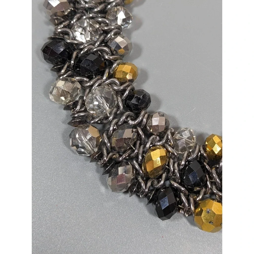 Gunmetal Gray Black Gold Glass Bead Woven Bib‎ Statement Necklace 19